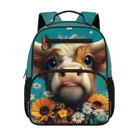 Yuyamidu Highland Cow Toddler Backpack for Boys Girls, 13.5 Inch Preschool Backpack with Durable Polyester and Multi-Pocket Storage