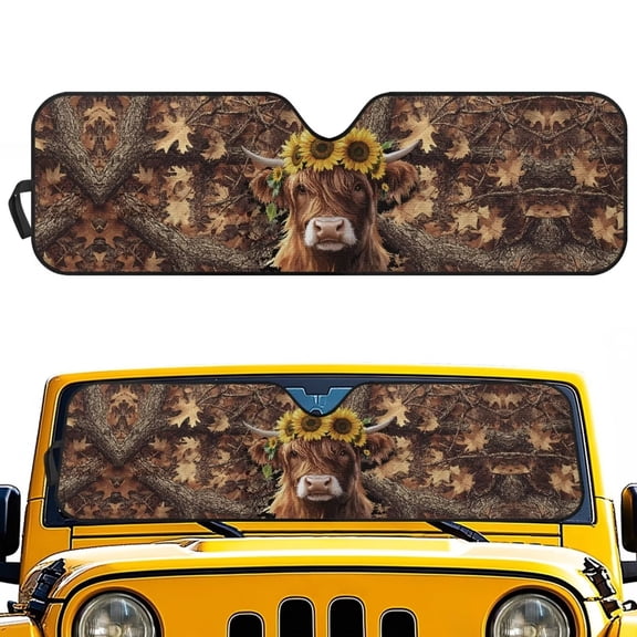 Yuyamidu Highland Cow Windshield Sunshade, Camo Hunting Sun Visor for UV Rays & Heat Protection, Suitable for Wrangler, Compass, Gladiator & Renegade, Accessories for Jeep Wrangler