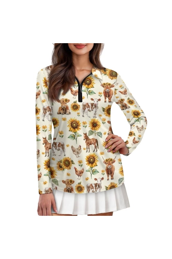 Highland Cow Women Golf Shirt Horse Long Sleeve Shirts Comfy Quarter Zip Tennis Shirt Lightweight Golf Clothes Size L