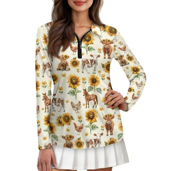 Yuyamidu Highland Cow Women Golf Shirt Horse Long Sleeve Shirts Comfy Quarter Zip Tennis Shirt Lightweight Golf Clothes Size M