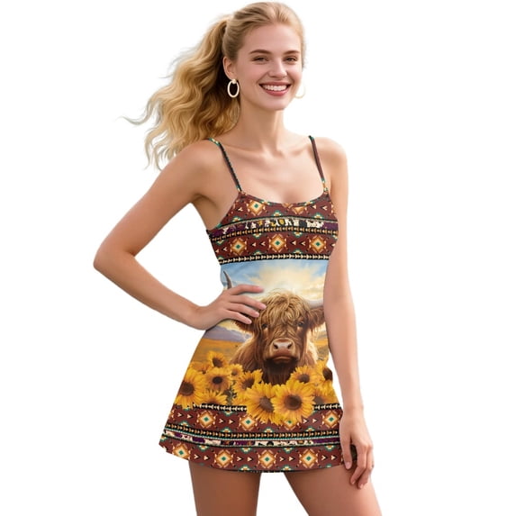 Yuyamidu Highland Cow Women's Summer Tennis Dress Size L Southwest Aztec Spaghetti Strap Backless Workout Golf Dresses Mini Dress with Shorts and Pockets