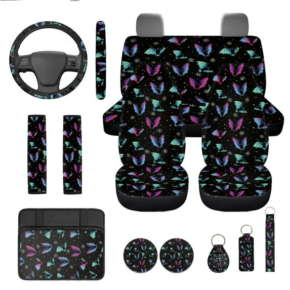 Yuyamidu Hippie Bat Car Seat Covers Full Set of 13 Halloween Steering Wheel Cover Armrest Box Mat Seatbelt Pad Coasters Keychain Lipstick Sleeve Pouch Auto Interior Sets