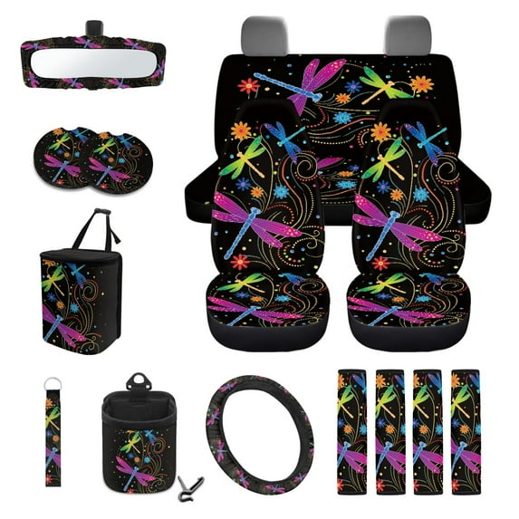 Yuyamidu Hippie Dragonfly Car Seat Covers Full Set Flower Auto Steering Wheel Cover Seat Belt Pads Coasters Trash Bin Hanging Storage Bag Cup Holders Rearview Mirror Cover Key Ring 15 PCS