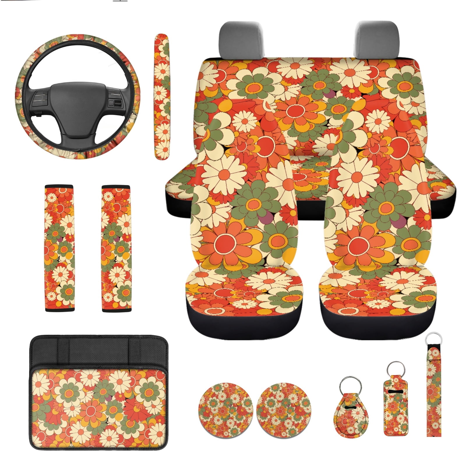 Yuyamidu Hippie Floral Car Seat Covers and Steering Wheel Cover Seatbelt Pads Flowers Auto Armrest Cover Coasters Lipstick Sleeve Keychain for SUV Van Sedan, 13 Pcs Set