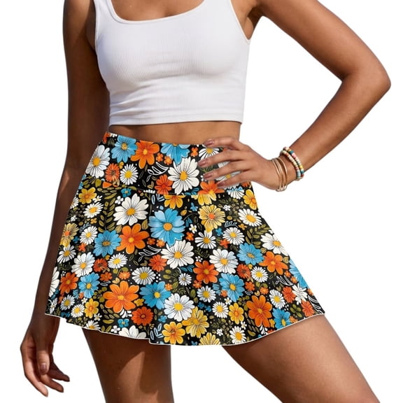 Yuyamidu Hippie Floral Skorts Skirts for Women Tennis Skirts Colorful Flowers Athletic Golf Skorts Casual Workout Skirt with Shorts Pockets, Size M