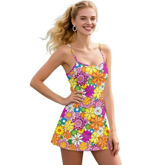 Yuyamidu Hippie Floral Women Tennis Dress Flowers Casual Athletic Outfit Built in Shorts with Pocket Dresses Size S Womens Mini Golf Spaghetti Strap Dress for Summer