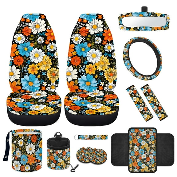 Yuyamidu Hippie Flower Car Front Seat Covers Full Set of 12 Floral Steering Wheel Seat Belt Cover Trash Can Armrest Pad Rear View Mirror Cover Coaster Wrist Key Chain Auto Air Vent Storage Pouch