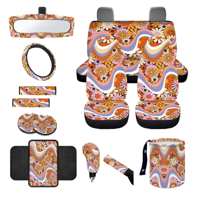 Yuyamidu Hippie Flower Front Rear Car Seat Covers Full Set with Steering Wheel Cover Seat Belt Pads Coasters Waste Bin Armrest Cover Cup Holders Rearview Mirror Cover Handbrake Cover Set of 14