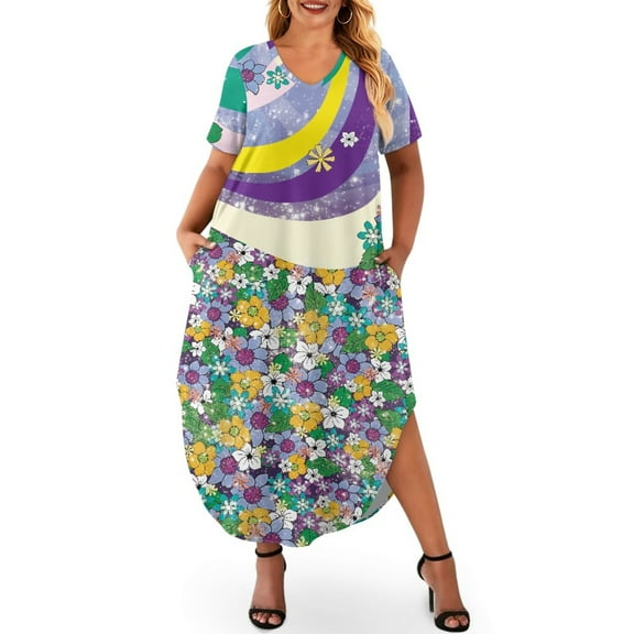 Yuyamidu Hippie Flower Short Sleeve Dress for Women Casual Daily Wear Clothing Novelty Elegant Dress with Pockets for Women Summer Casual Maxi Dress Plus Size 3XL