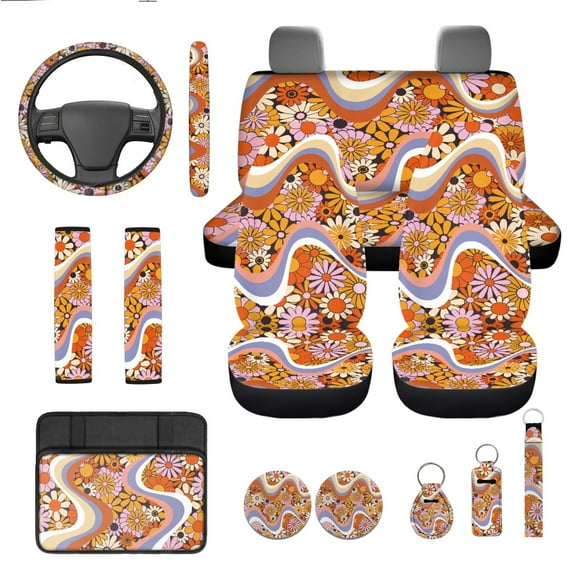 Yuyamidu Hippie Flowers Car Seat Covers with Steering Wheel Cover Seatbelt Pad Car Armrest Cover Coasters Keychain Lipstick Sleeve Pouch Auto Accessories Set of 13