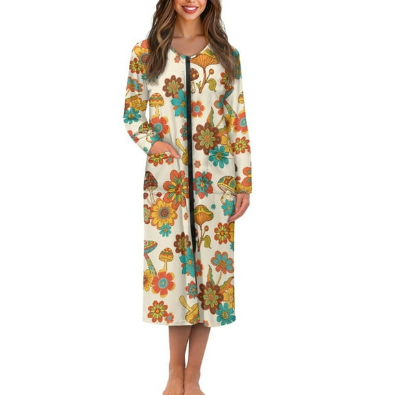 Yuyamidu Hippie Flowers Zipper Front Robes for Women House Coat Long Sleeve Bathrobe Mushroom Mid-Calf Length Round Neck Robe Loose Long Sleeve Nightgown Pjs Size 4XL