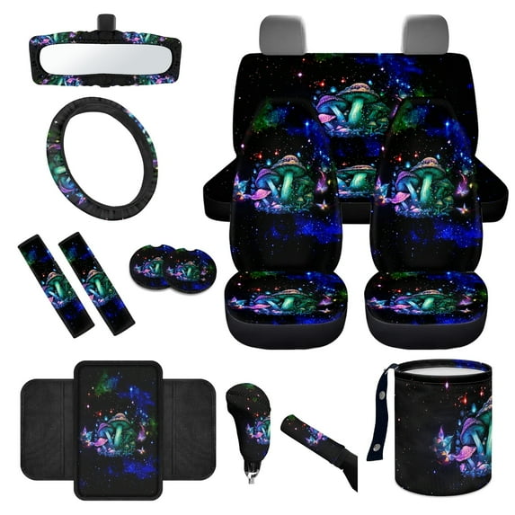Yuyamidu Hippie Mushroom Car Seat Covers Full Set with Steering Wheel Cover Seat Belt Pads Waste Basket Bin Rearview Mirror Cover Cup Holder Center Console Cover Handbrake Cover Gear Shift Cover