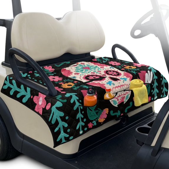 Yuyamidu Hippie Skull Club Car Back Seat Blanket with Pockets Flowers Golf Cart Seat Towel Blanket Comfortable Cart Seat Cushion Accessories