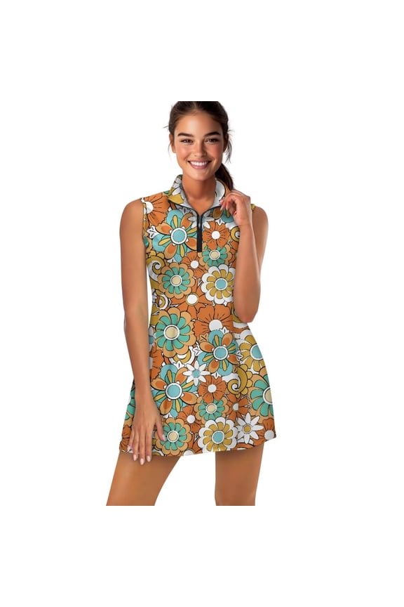 Hippy Flowers Golf Dresses for Women Zipper Collared Golf Outfits for Women 2 Piece Sets Quick Dry Athletic Dress for Woman Sleeveless Summer Clothes Size L