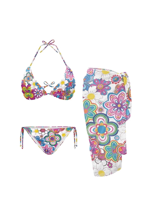 Hippy Flowers Womens 3pcs Swimsuit Triangle Bathing Suit Triangle Bikini Top Tie Side Bottom with Cover Ups Sarong Wraps Long Chiffon Coverup