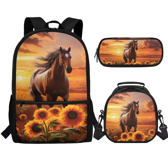 Yuyamidu Horse Boys Backpack Set 3 in 1, 17 Inch School Backpack with Lunch Bag and Pencil Case, Large Capacity Bookbag for Elementary Middle School Boys