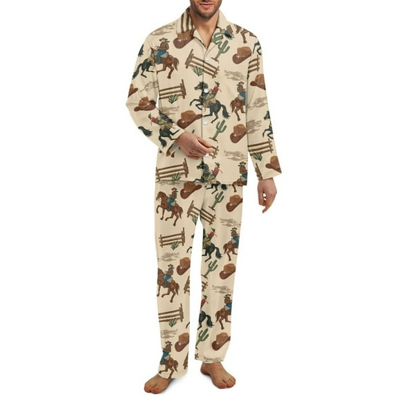 Yuyamidu Horse Button Up Pajamas Pants Matching Set of 2 Casual Men Sleepwear for Fall Winter Spring Comfy Long Sleeve Pj Top and Pants Size 2XL Loose Fitting Loungewear