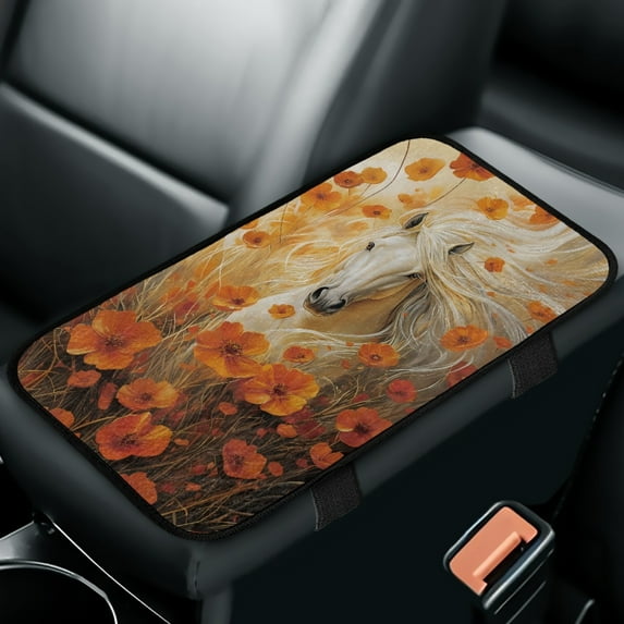 Yuyamidu Horse Car Center Console Cover Car Accessories Orange Flower Auto Center Console Cushion Pad for Most Vehicles Winter Warm Car Arm Rest Cover Pad