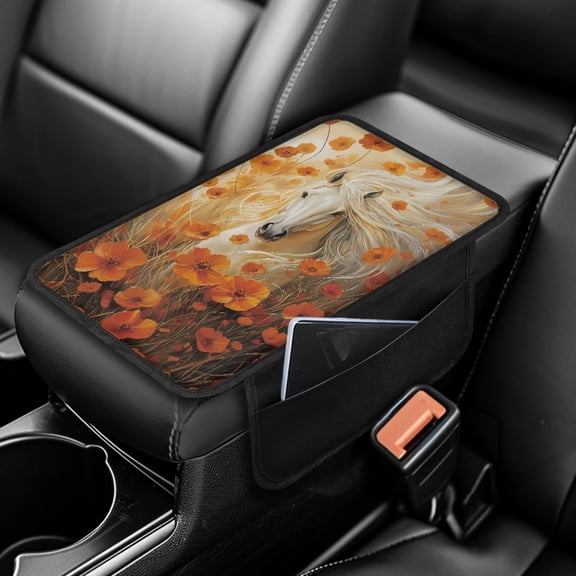 Yuyamidu Horse Car Center Console Cover with Side Pockets Orange Flower Anti-Scratch Armrest Cushion Cover Soft Center Console Box Pad Fit for Most Vehicles Accessories