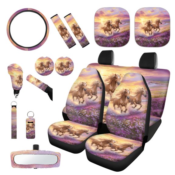 Yuyamidu Horse Car Front Back Seat Covers and Steering Wheel Cover Purple Floral Seat Belt Pads Car Coasters Rear View Mirror Cover Keychain Sunshades Gear Shift Hand Brake Cover Set of 16