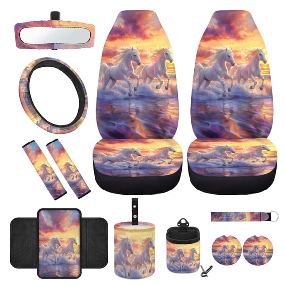 Yuyamidu Horse Car Front Seat Cover Set of 12 Sunset Steering Wheel Cover Seat Belt Covers Armrest Cover Waste Bin Hanging Air Vent Storage Bag Rearview Mirror Cover Coasters Keychain