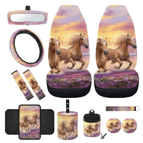 Yuyamidu Horse Car Front Seat Cover Set Sunset Steering Wheel Cover Seat Belt Pads Armrest Cover Coasters Trash Bag Air Vent Bag Rearview Mirror Cover Keychain 12 PCS Fashion Auto Accessories