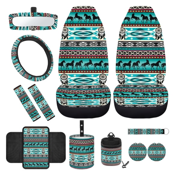 Yuyamidu Horse Car Seat Covers Full Set of 12 Universal Armrest Pad Steering Wheel Cover Green Aztec Seatbelt Pad Coasters Garbage Bag Rear View Mirror Cover Keychain Air Vent Storage Pouch