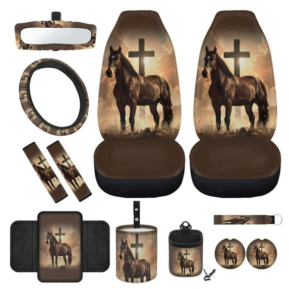 Yuyamidu Horse Car Seat Cover Full Set of 12 Cross Auto Front Seat Protector Steering Wheel Cover Seatbelt Strap Pads Trash Can Armrest Pad Car Vent Organizer Rearview Mirror Cover Coasters Key Ring