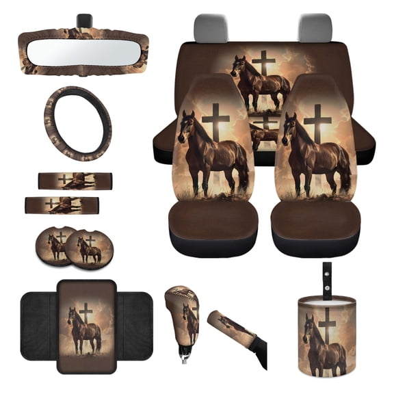 Yuyamidu Horse Car Seat Cover Full Set Cross Steering Wheel Cover Seat Belt Cover Cross Trash Can Rear View Mirror Cover Coaster Center Console Cover Gear Shift Knob Cover Set for Sedan SUV, 14 PCS