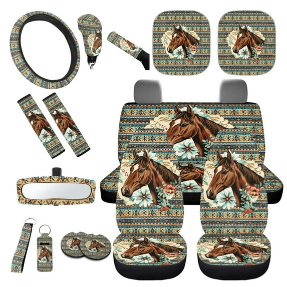 Yuyamidu Horse Car Seat Cover Set of 16 Aztec Western Auto Steering Wheel Cover Seat Belt Strap Pad Cup Holder Rear View Mirror Cover Handbrake Gear Shift Knob Cover Car Shade Keychain