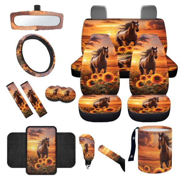 Yuyamidu Horse Car Seat Cover Set Sunflower Steering Wheel Cover Sunset Seat Belt Covers Waste Bin Center Console Pad Rear View Mirror Cover Floral Handbrake Cover Set Coasters, 14 Piece