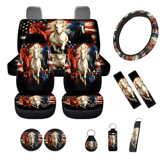 Yuyamidu Horse Car Seat Covers Full Set of 12 American Flag Steering Wheel Cover Seat Belt Strap Cover Cup Coaster Keychain Universal Fit, 4th of July