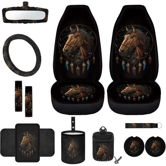 Yuyamidu Horse Car Seat Covers Full Set Dream Catcher Auto Front Seat Covers Steering Wheel Armrest Cover Seatbelt Pads Trash Can Air Vent Holder Rear View Mirror Cover Coasters Key Ring, 12pcs