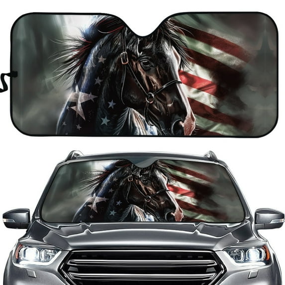 Yuyamidu Horse Car Sun Shade American Flag Auto Sun Visor Vehicle Accessories for Truck SUV Van Universal Automotive Front Windshield Sunshade Keeps Out UV Rays