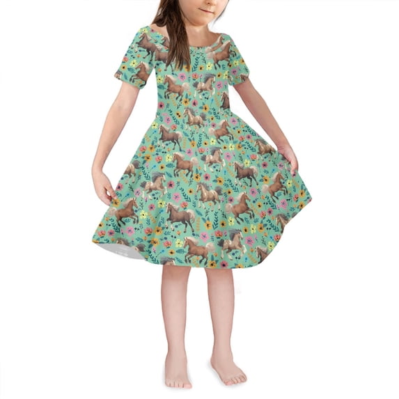 Yuyamidu Horse Dresses for Teen Girls Floral Scoop Neck Swing Twirl Clothes Self Cultivation Princess Dress for Kids 5-6 Years Breathable Dresses Soft Knee Length Dress, Green