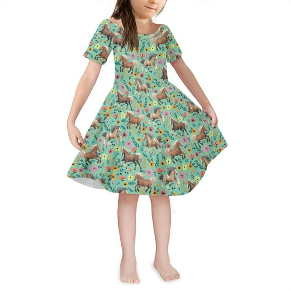 Yuyamidu Horse Dresses for Teen Girls Floral Scoop Neck Swing Twirl Clothes Self Cultivation Princess Dress for Kids 5-6 Years Breathable Dresses Soft Knee Length Dress, Green