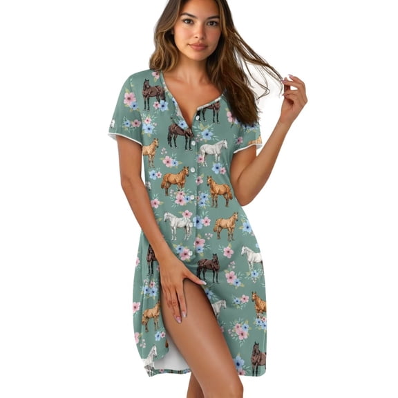 Yuyamidu Horse Flowers Ladies' Summer Nightshirt Short Sleeve Button Down Sleep DressRelaxed Fit Round Neck Nightgown Knee-Length Comfortable Sleepwear