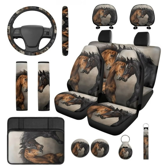 Yuyamidu Horse Front Back Car Seat Covers Full Set of 14 Universal Steering Wheel Cover Center Console Cover Seat Belt Cover Headrest Covers Key Chain Coasters