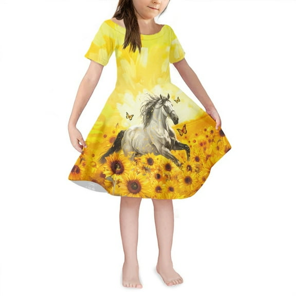 Yuyamidu Horse Girls Dress for Party Wear Sunflower Short Sleeve Sundress Lightweight Midi Length Casual Dresses for Kids Teens 9-10 Years Old A-Line Midi Dress