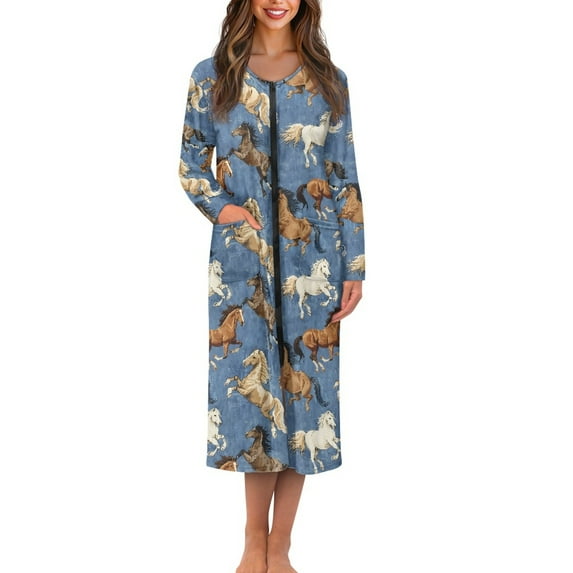 Yuyamidu Horse Robe for Women Lightweight Long Sleepwear Gowns Size M Blue Long Sleeves Spa Robe Plus Size Bathrobe Sleep Nightgown Casual Zipper Front Robes for Girls
