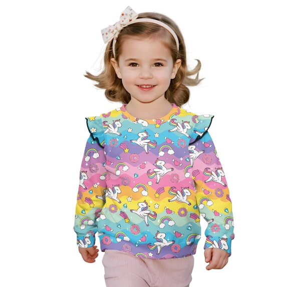 Yuyamidu Horse Sweatshirt for Girls 2T 3T Rainbow Striped Long Sleeve Ruffle Shoulder Crewneck Sweatshirts Pullover Tops Y2K Outfits Soft Cozy Everyday Clothes for Fall