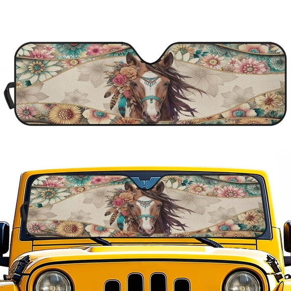 Yuyamidu Horse Windshield Sun Shade Compatible with Jeep Wrangler JK JL Windshield Shade Heat Shield Boho Flowers Windshield Cover Bolck UV Rays & Protect Car Interior Accessory