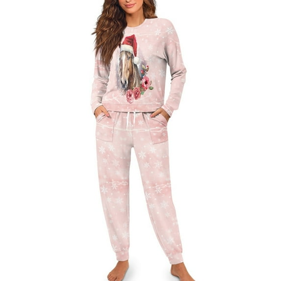 Yuyamidu Horse Women's Long Sleeve Pajamas with Drawstring Snowflake Sleep Set 2 Piece Christmas Pj Set Women Pink Nightwear Tops Pants with Pockets, Size M