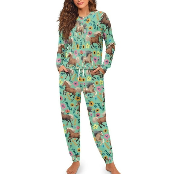 Yuyamidu Horse Women's Pajama Sets Long Sleeve Nightwear Flower Daily Wear Shirts Pants with Pockets Jogger Home Wear 2 Piece Soft Crewneck Sleep Wear Size S, Green