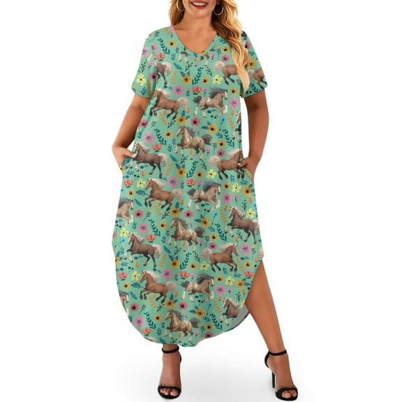 Yuyamidu Horse Womens Dress Flower Summer Casual Dresses Long Maxi Dress with Slit Plus Size S Oversized V-Neck Dresses Trendy Short Sleeve Dresses, Green