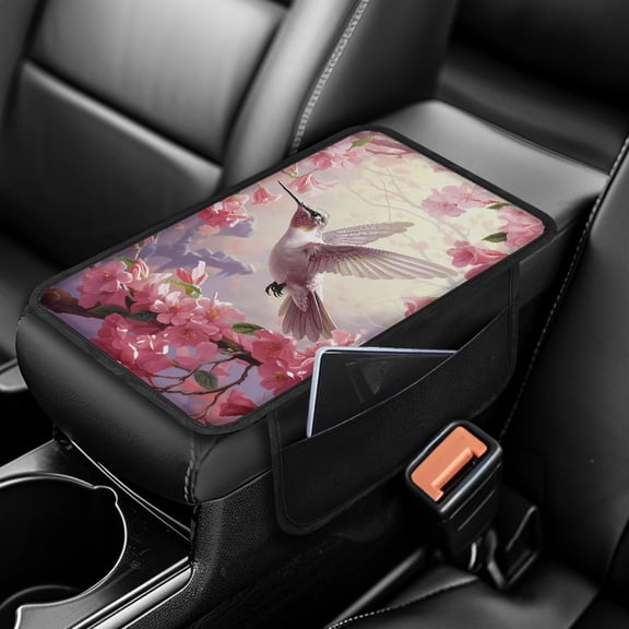 Yuyamidu Hummingbird Car Armrest Cover Cushion Pink Flower Car Center Armrest Box Protective Cover Fit for Most Vehicles Universal Auto Armrest Pad Cover Accessories