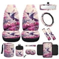 thumbnail image 1 of Yuyamidu Hummingbird Car Front Seat Covers Full Set of 12 Pink Flower Steering Wheel Cover Safe Belt Pads Armrest Pad Coasters Garbage Can Rear View Mirror Cover Keychain Air Vent Storage Holder, 1 of 6