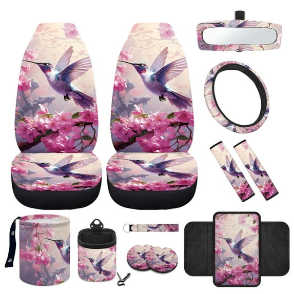 Yuyamidu Hummingbird Car Front Seat Covers Full Set of 12 Pink Flower Steering Wheel Cover Safe Belt Pads Armrest Pad Coasters Garbage Can Rear View Mirror Cover Keychain Air Vent Storage Holder