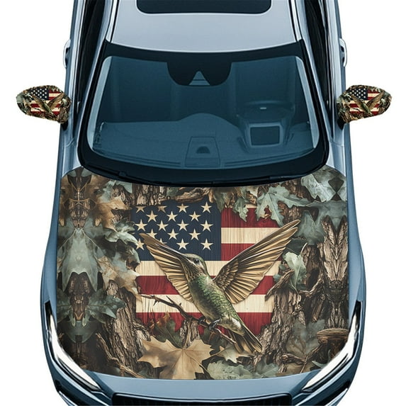 Yuyamidu Hummingbird Car Hood Cover Wrap American Flag Auto Side View Mirror Cover 3 Pcs Camo Hunting Car Front Hood Cover Rear View Mirror Accessories Auto Exterior Decoration for Cars Sedans
