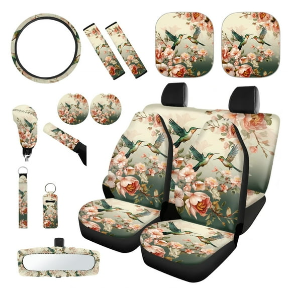 Yuyamidu Hummingbird Car Seat Cover Set of 16 Flower Auto Steering Wheel Cover Seat Belt Strap Pad Cup Holder Rear View Mirror Cover Handbrake Gear Shift Knob Cover Car Shade Keychain